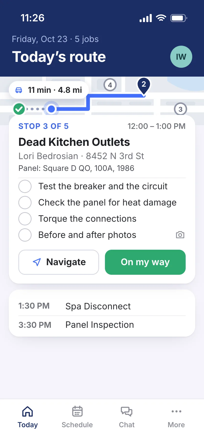 Isaac’s phone at 11:26 shows his route for Friday, October 23: 11 minutes and 4.8 miles to his third stop of five, Lori Bedrosian’s dead kitchen outlets at 8452 N 3rd St, noon to 1 PM, with her panel from the file, a 1986 Square D QO of 100 amps. His checklist: test the breaker and the circuit, check the panel for heat damage, torque the connections, and take before and after photos.
