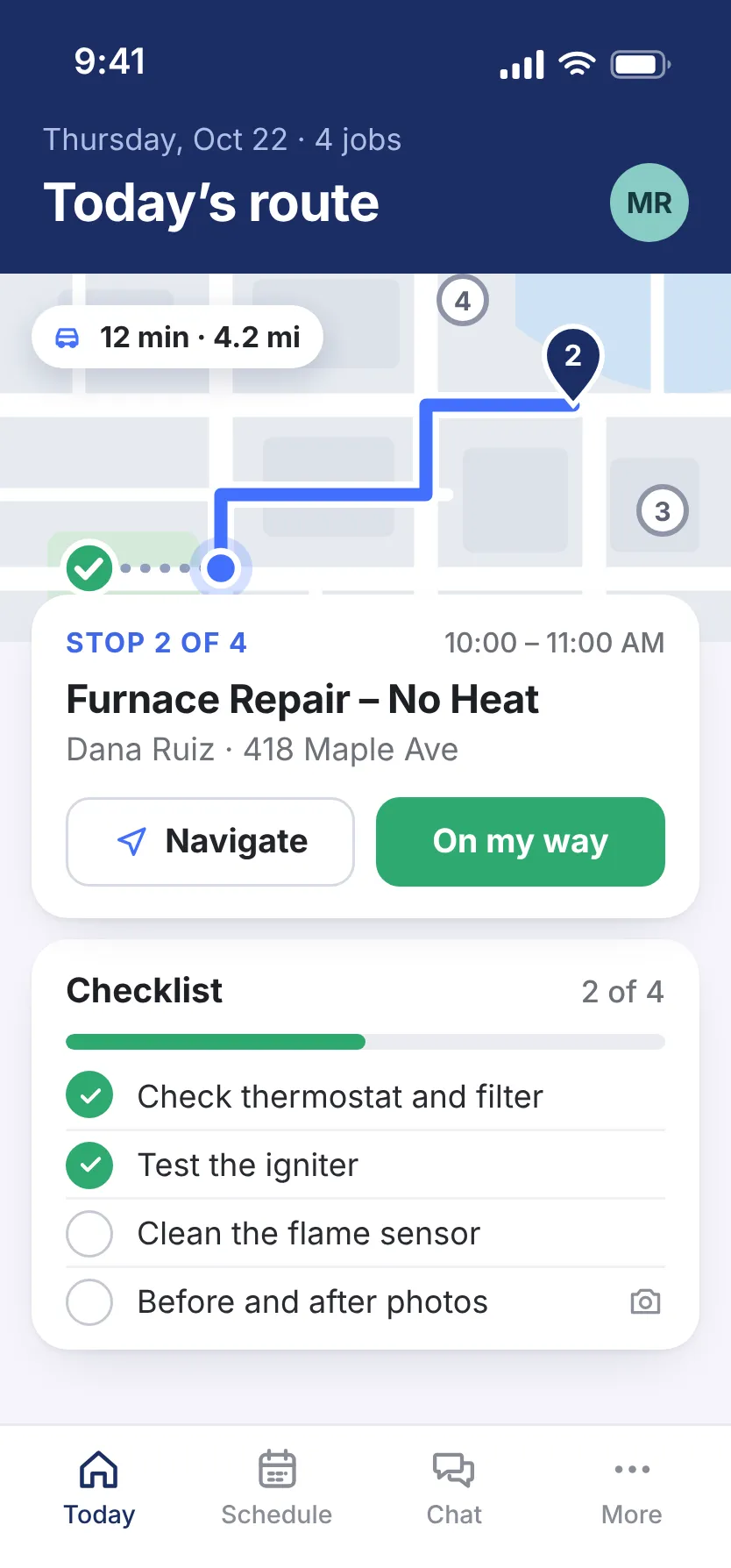 The tech app: the route to stop 2 of 4, the furnace repair at 418 Maple Ave, and its checklist, two of four steps done.