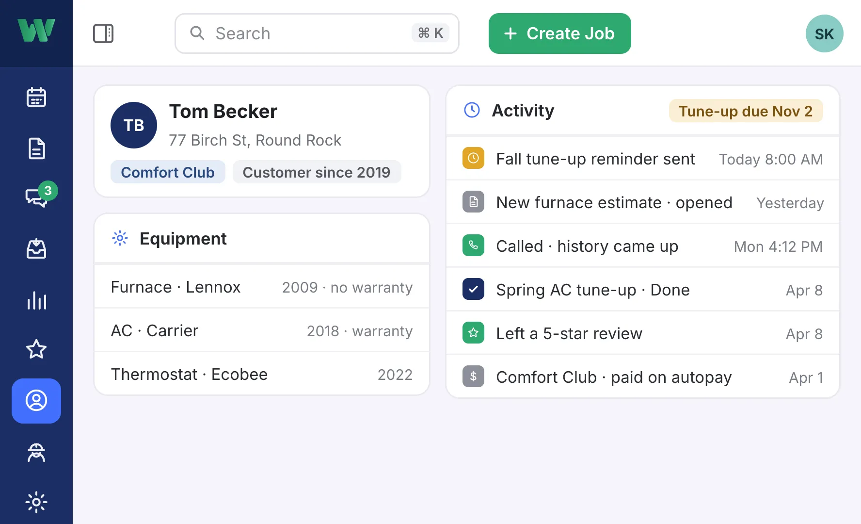 Tom Becker’s customer record: a Comfort Club member since 2019, his furnace from 2009 with no warranty, his AC from 2018 and his thermostat, a fall tune-up reminder sent today, a new furnace estimate opened, his call with his history, his spring tune-up, his 5-star review and his plan paid on autopay.
