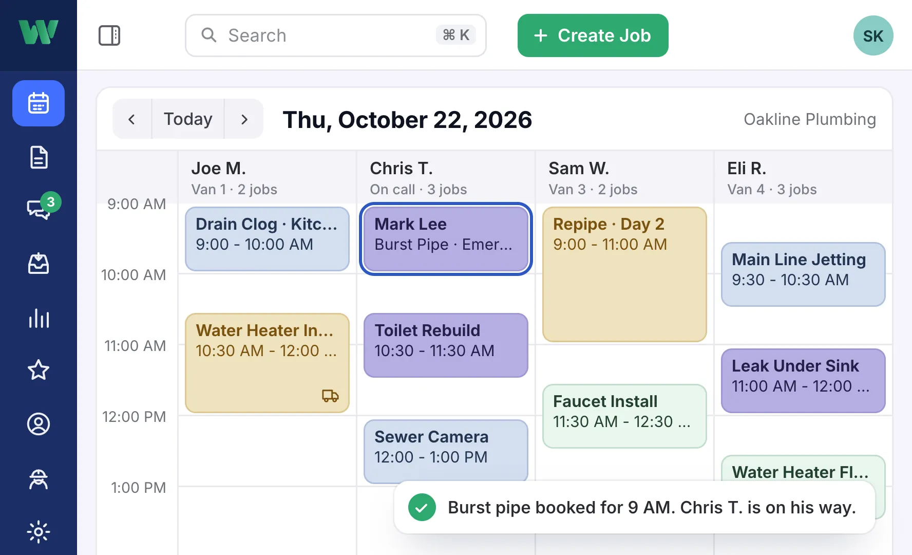 The board of Oakline Plumbing for Thursday: a burst pipe at Mark Lee’s booked for 9 AM with Chris T., the tech on call, on his way; a water heater install, drain and sewer jobs, a repipe and a water heater flush for a member.