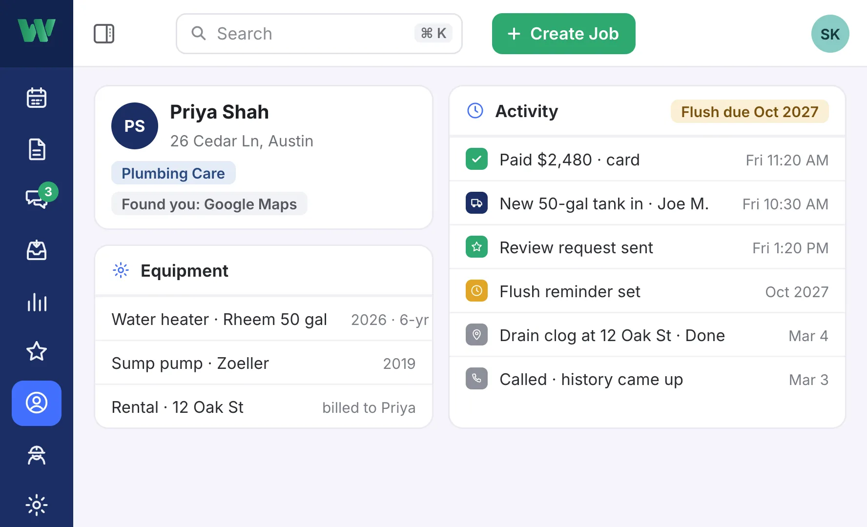 Priya Shah’s customer record: a Plumbing Care member who found the shop on Google Maps, her new 50-gallon water heater with a 6-year warranty, her sump pump and the rental at 12 Oak St billed to her; paid $2,480 for the new tank, a review request sent, a flush reminder set for October 2027, and a drain job at the rental.