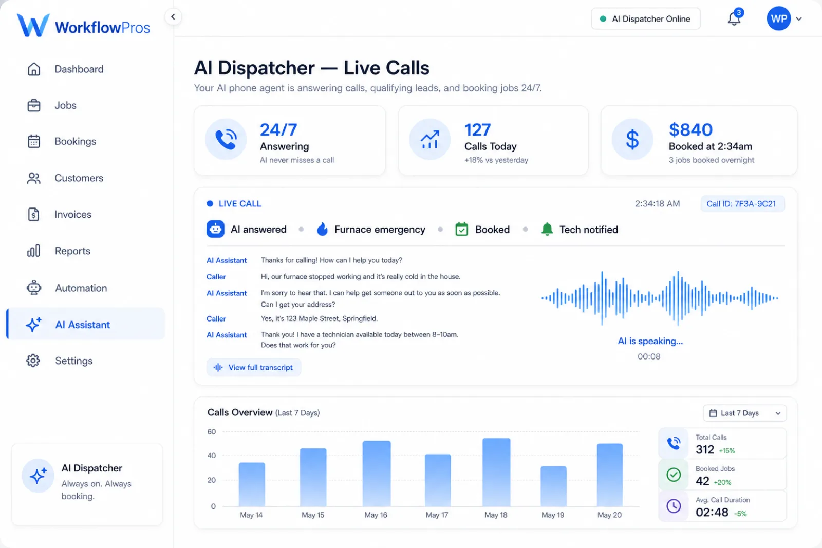 AI Dispatcher software answering calls 24/7 and booking field service jobs automatically