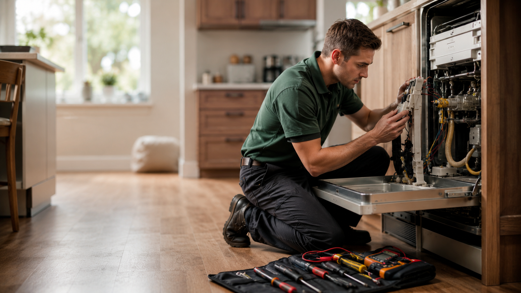 Appliance repair technician diagnosing dishwasher with mobile CRM