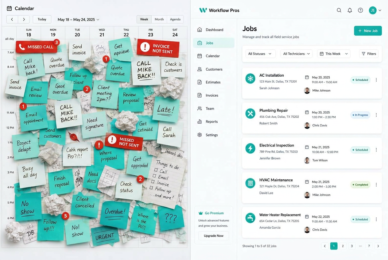 Calendar overwhelmed by admin sticky notes next to a clean Workflow Pros job board