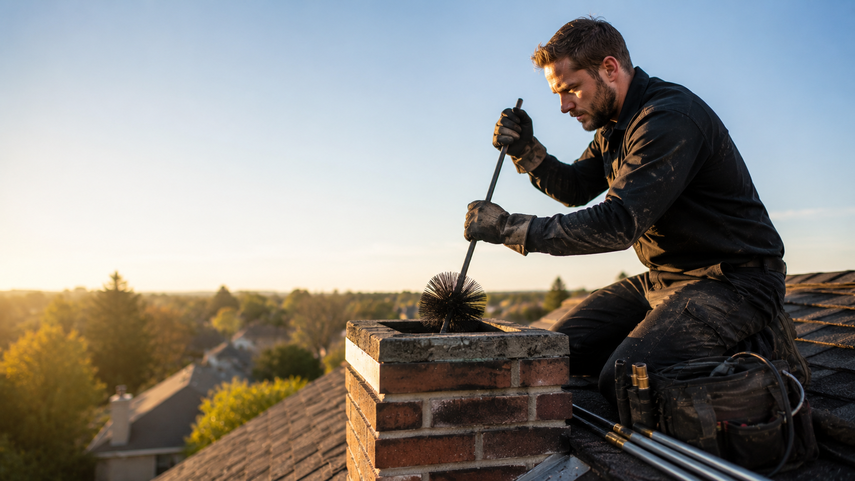 Chimney sweep technician cleaning residential chimney with mobile CRM