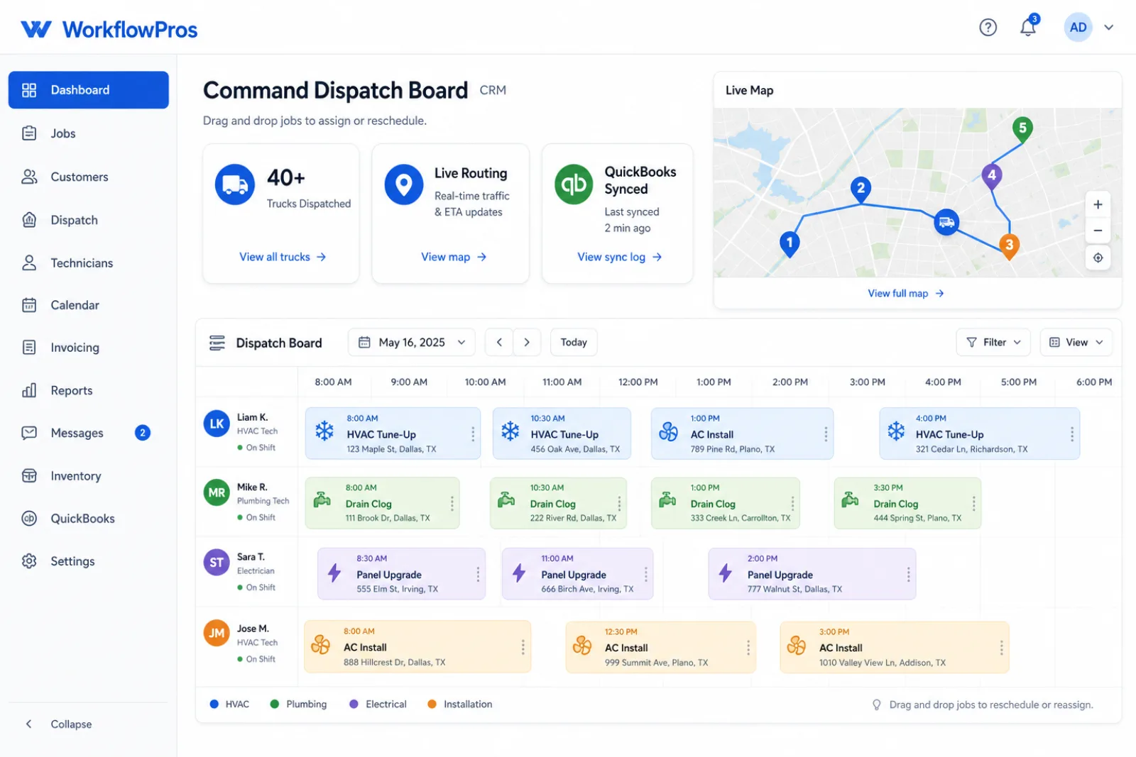 Command dispatch board CRM showing 40+ trucks scheduled with drag-and-drop routing and live map