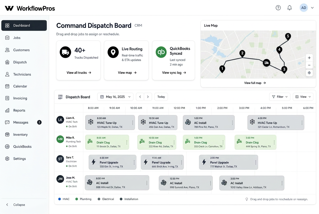 Command dispatch board CRM showing 40+ trucks scheduled with drag-and-drop routing and live map