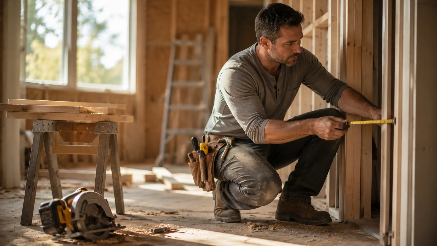 Construction contractor measuring wall frame with tape measure on remodeling job site