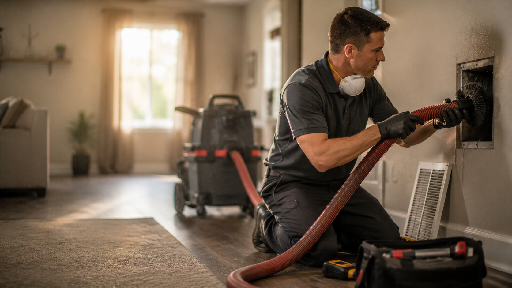 Duct cleaning technician cleaning residential HVAC vent with mobile CRM