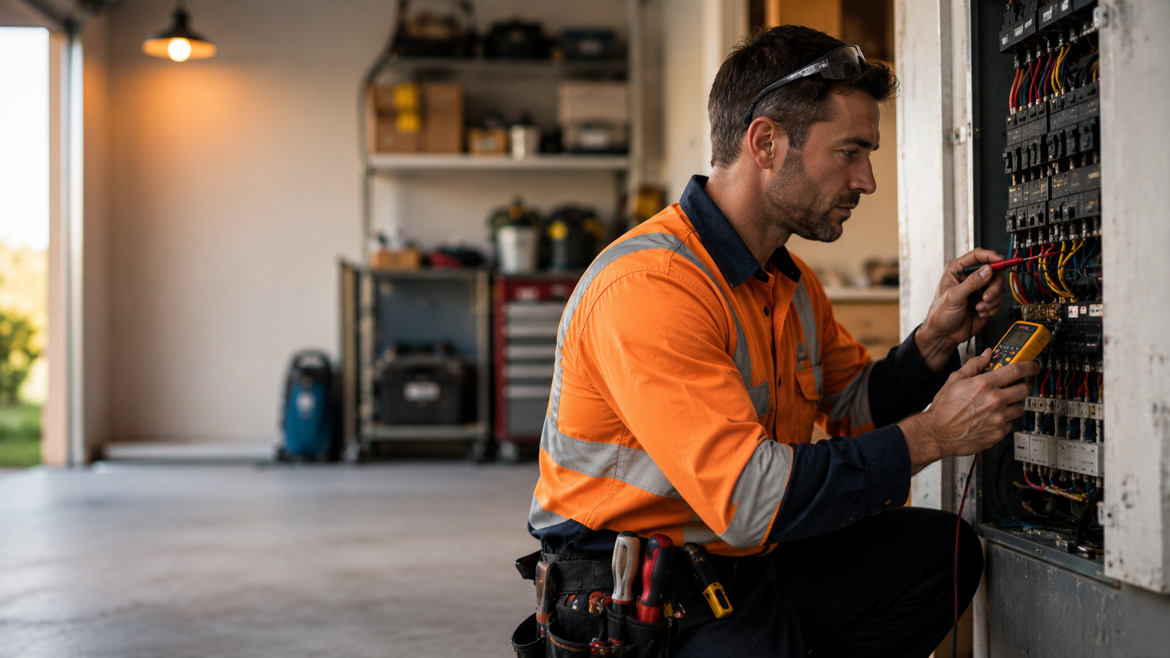 Electrician testing electrical panel with mobile CRM