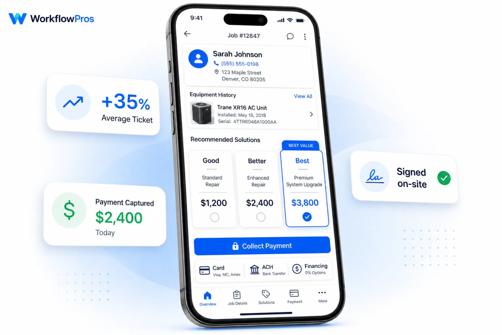Field service mobile app with Good-Better-Best pricing options and on-site card and ACH payments