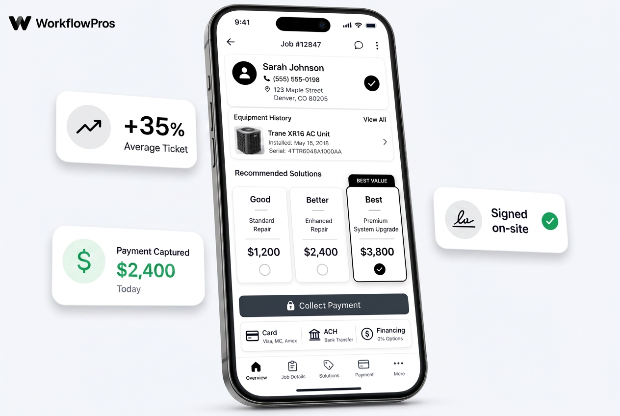 Field service mobile app with Good-Better-Best pricing options and on-site card and ACH payments
