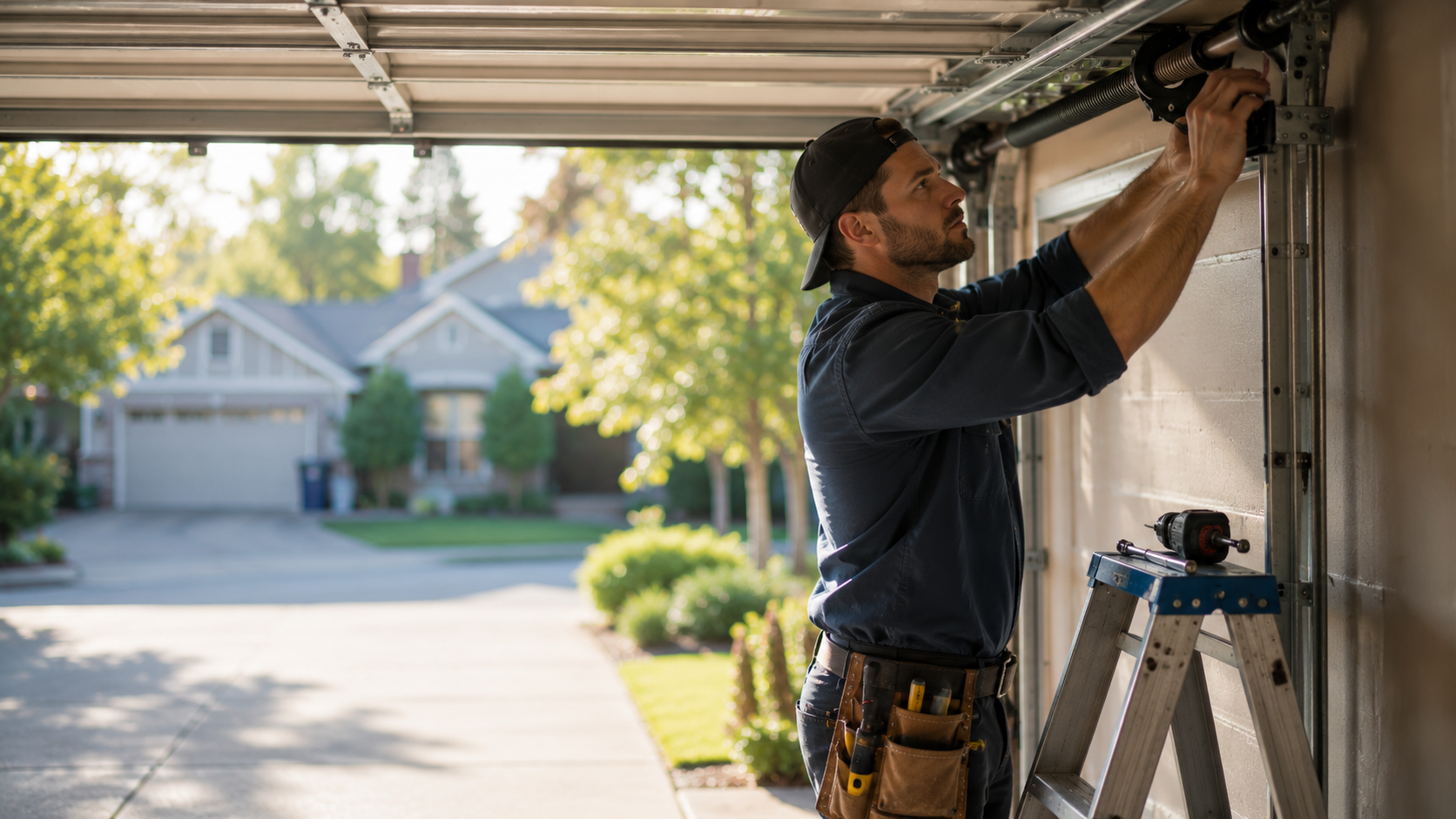 Garage door technician repairing opener system with mobile CRM