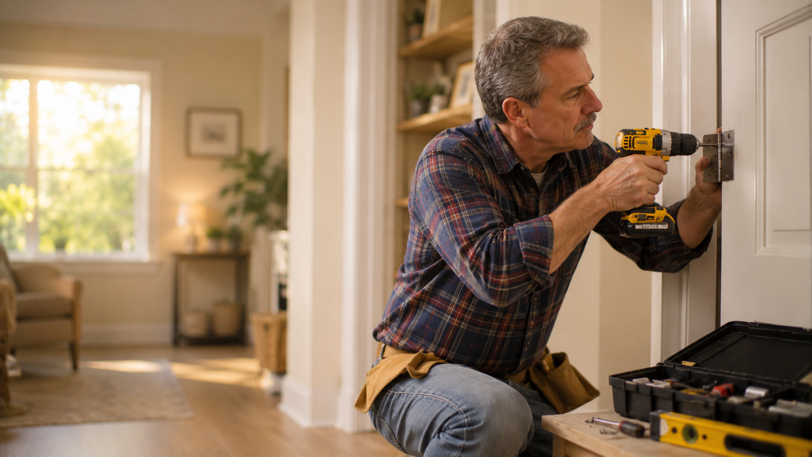 Handyman contractor installing door hinge with power drill using mobile CRM
