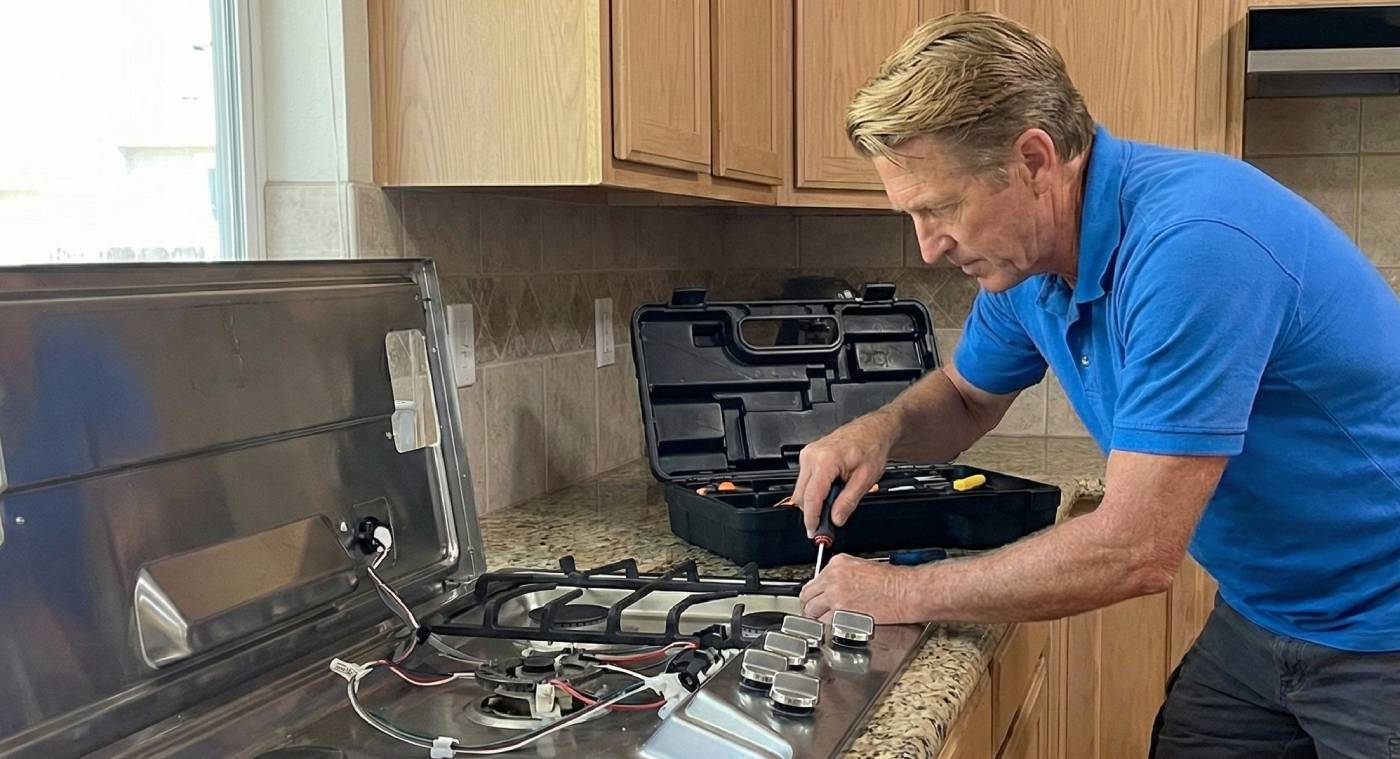Appliance repair technician at work