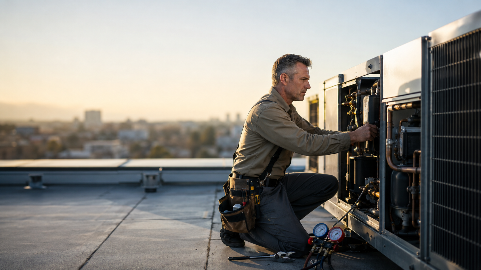 HVAC technician servicing rooftop unit with mobile CRM