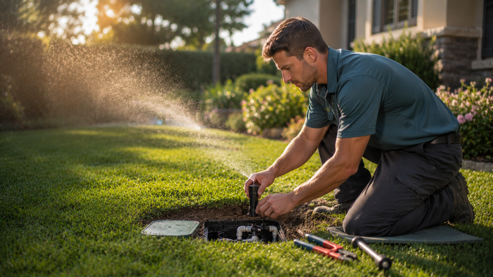 Irrigation service technician adjusting residential sprinkler system with mobile CRM
