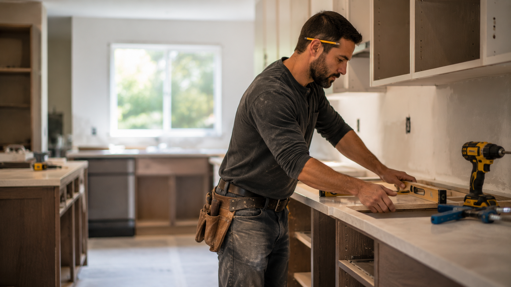 Kitchen and bath remodeler installing cabinets with mobile CRM