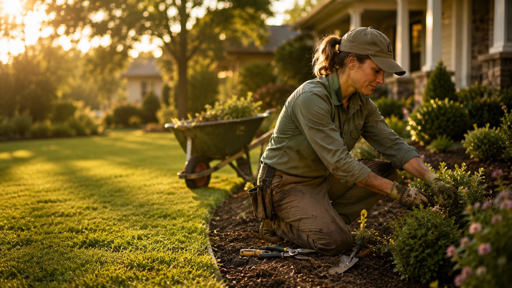 Landscaping contractor maintaining garden beds with mobile CRM