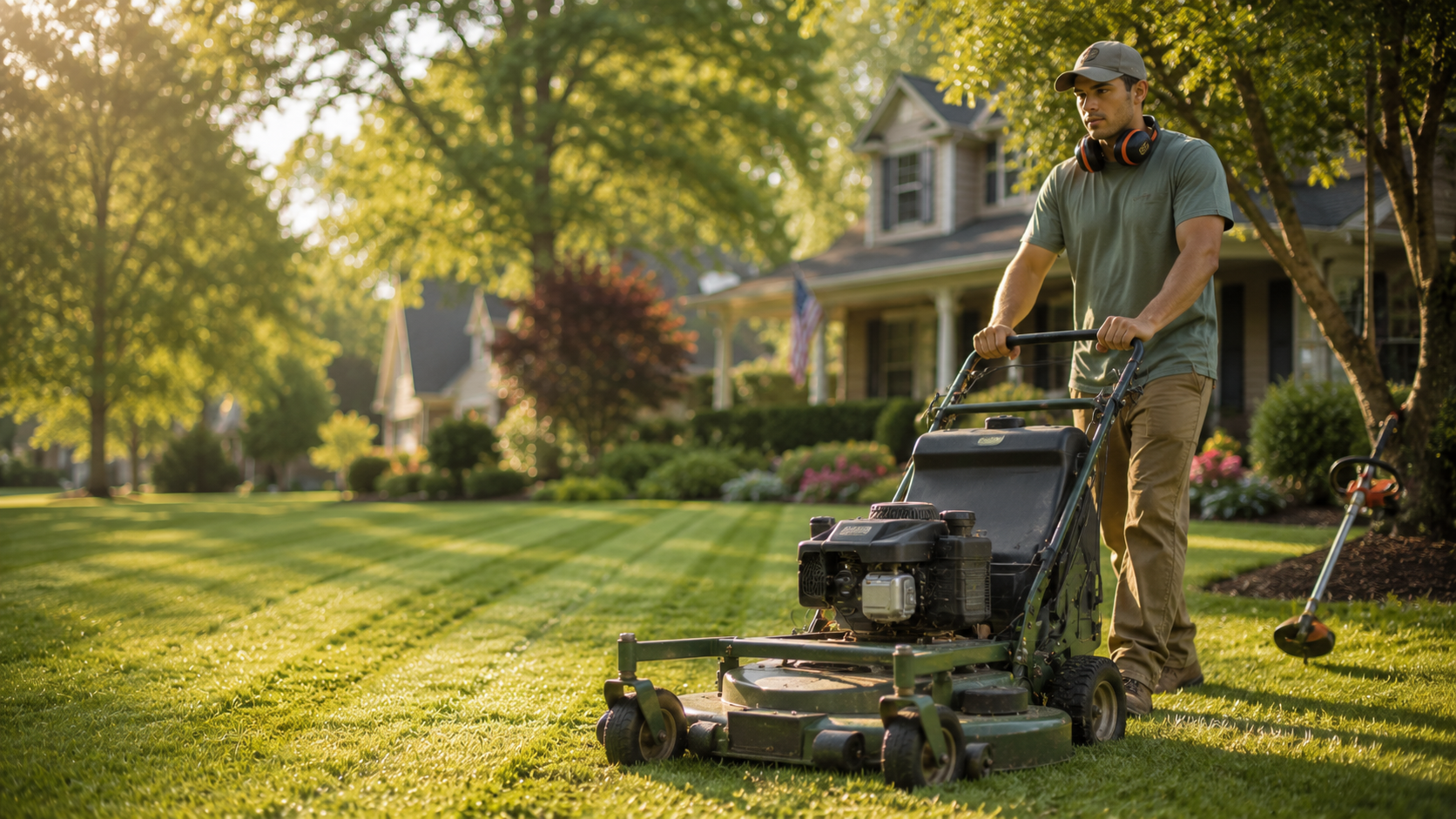 Lawn service professional mowing residential lawn with mobile CRM