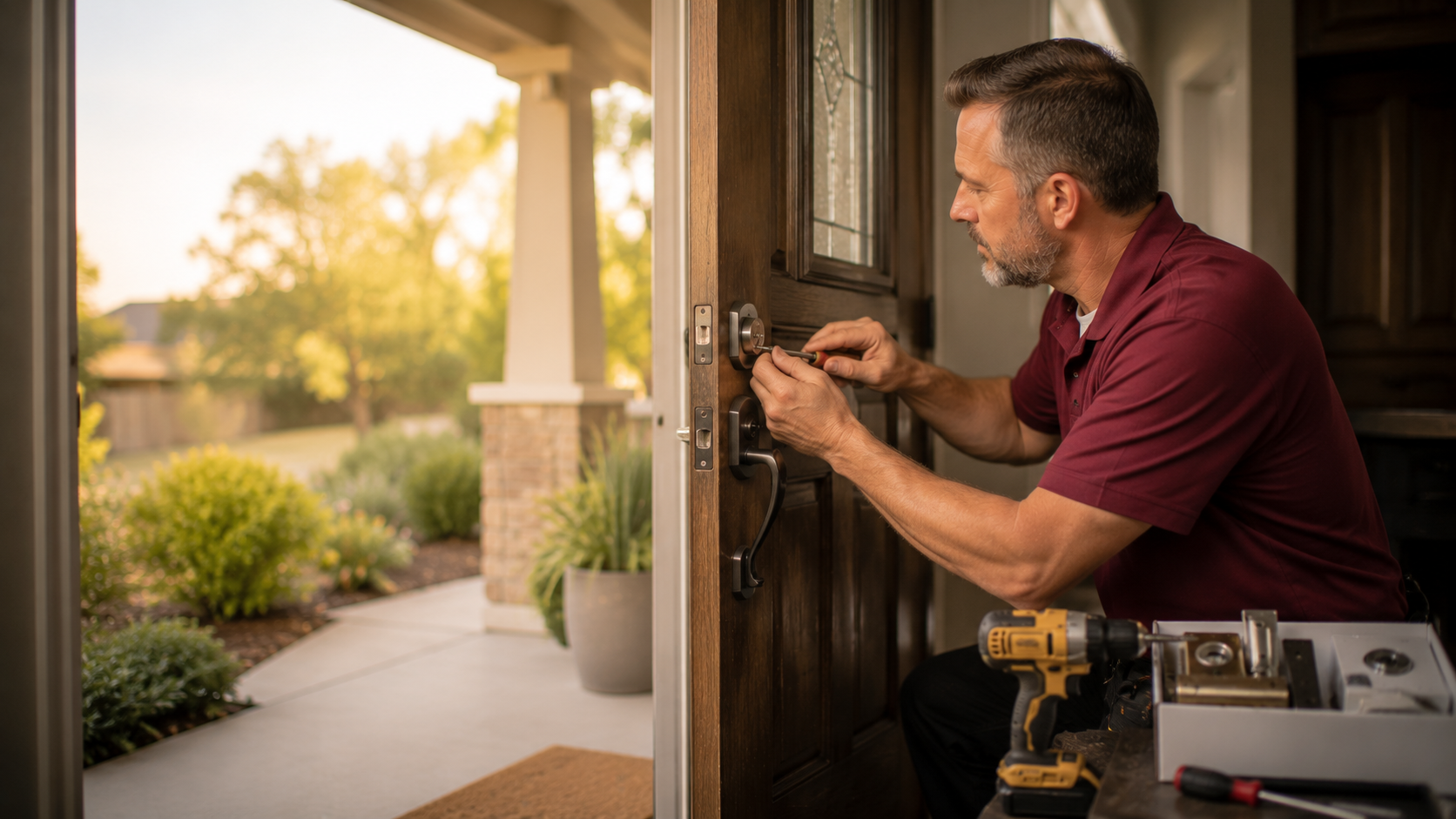 Locksmith technician servicing residential door lock with mobile CRM