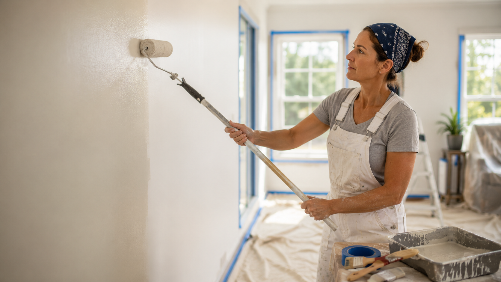Painting contractor rolling interior wall with mobile CRM