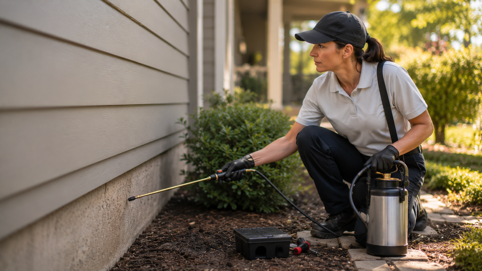Pest control technician treating residential exterior with mobile CRM