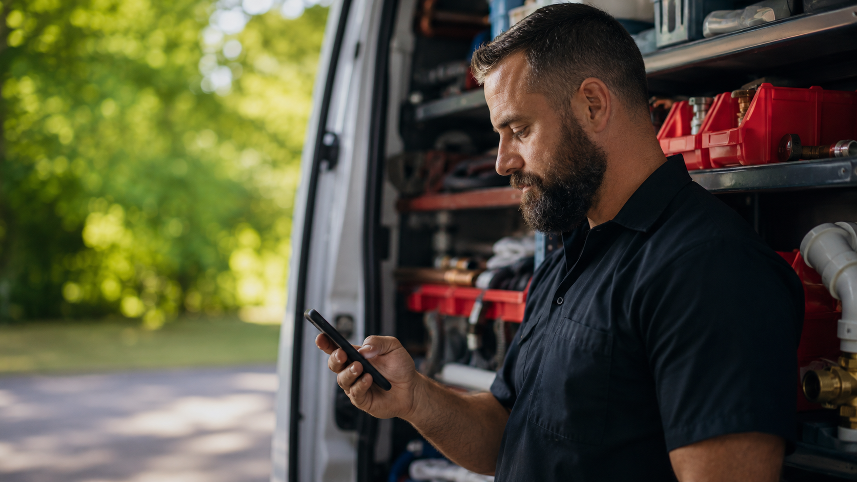 Plumbing contractor using mobile CRM by service van