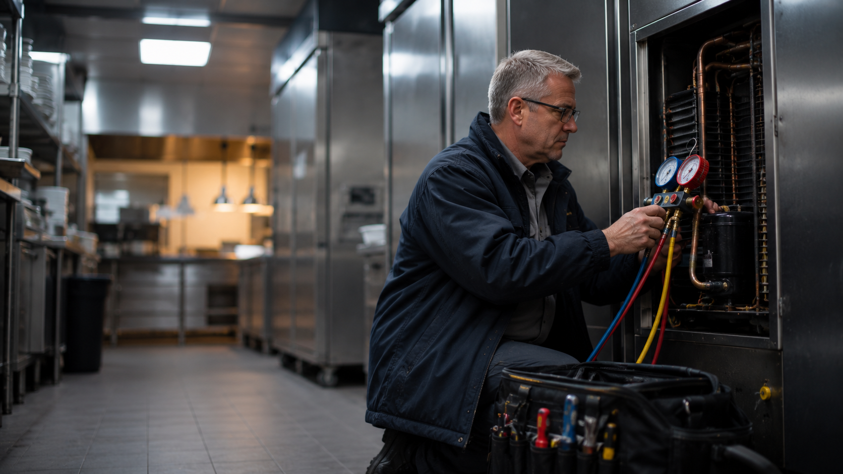 Refrigeration technician servicing commercial refrigeration unit with mobile CRM