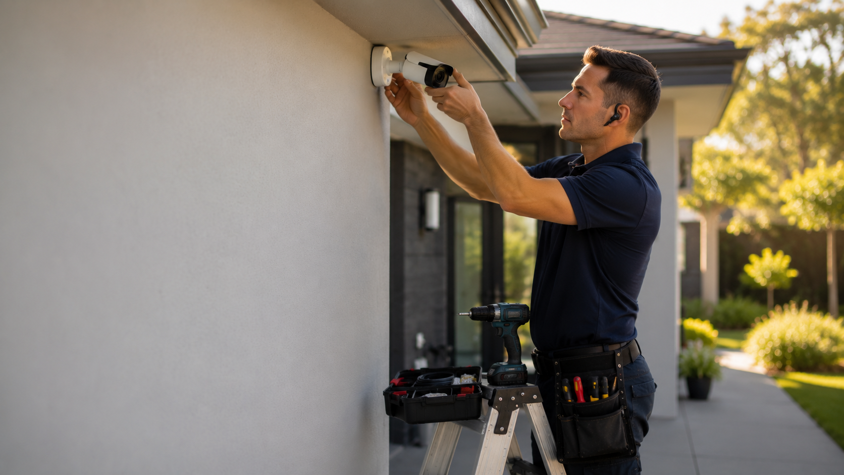 Security service technician installing surveillance camera with mobile CRM