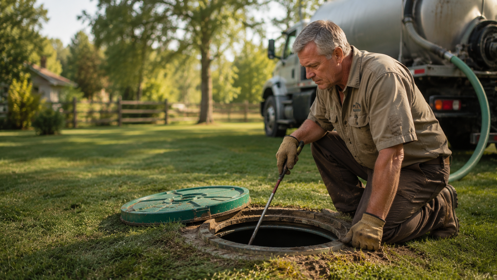 Septic contractor servicing residential septic tank with mobile CRM