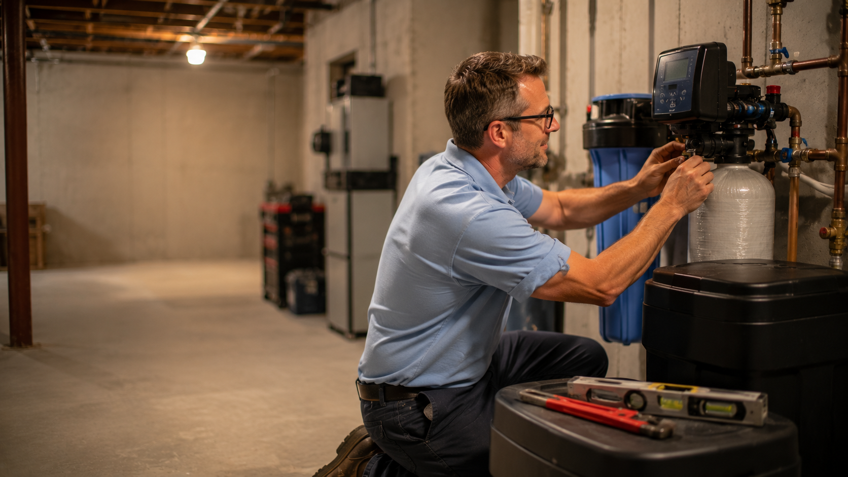 Water treatment technician servicing home filtration system with mobile CRM